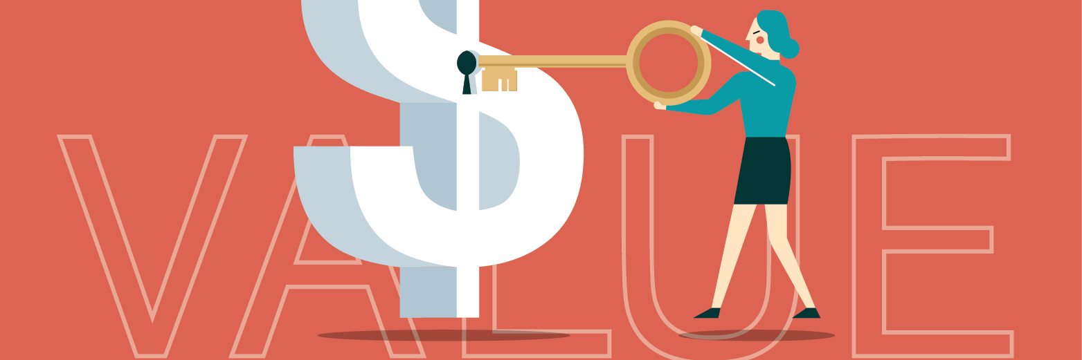 graphic image of a woman with a key, unlocking a dollar sign; VALUE is the background keyword